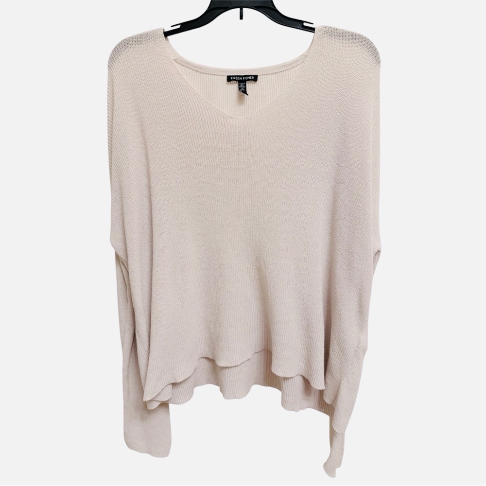 ❗️SOLD❗️Eileen Fisher Womens Ivory Cotton V Neck Oversized Pullover Sweater XS